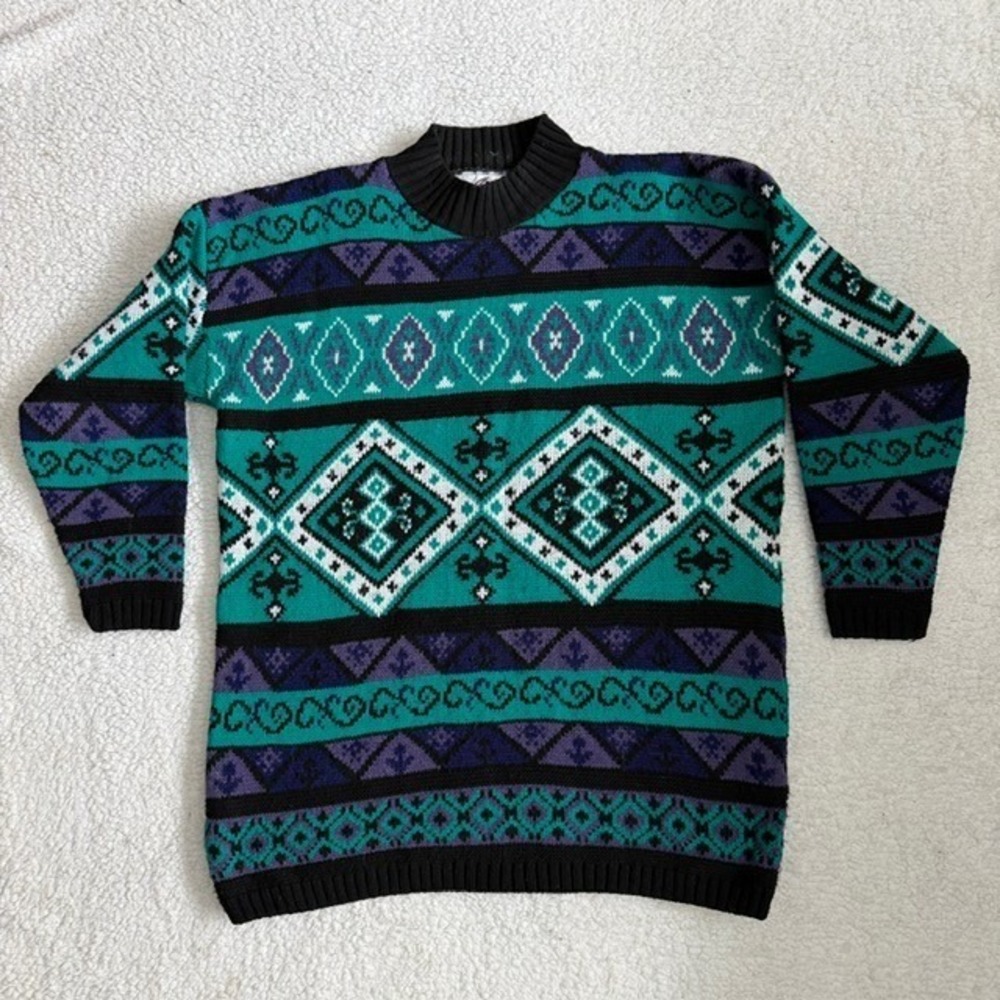 Vintage‎ 90s Cut 4 U Aztec Geometric Knit Sweater Teal Purple Black Made in USA